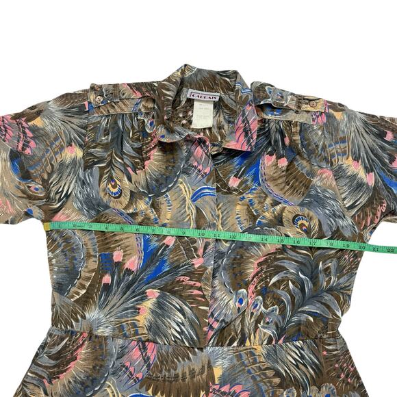 Vintage Brown Feather Button Up Cotton Shirt Dress Size 12 Womens Made in USA - Picture 7 of 12